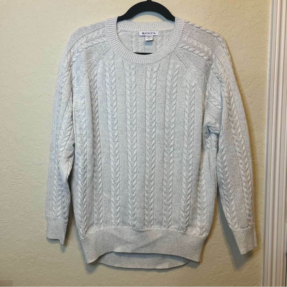 Athleta Crossroads Crew Sweater –‎ Silver Metallic Cable Knit (Size S)